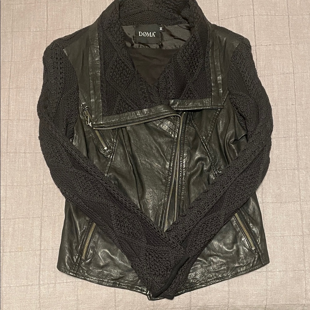 Doma Women's Black Leather Jacket with Knit Sleeves